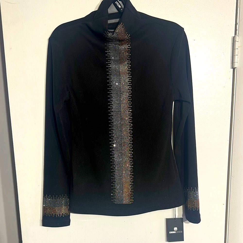 NWT. Black Long Sleeve Top with Rhinestone Accents size S.
